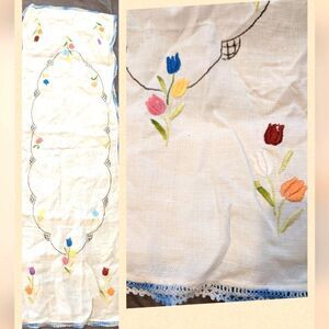 Vintage floral tulip embroidered linen table runner crochet‎ trim